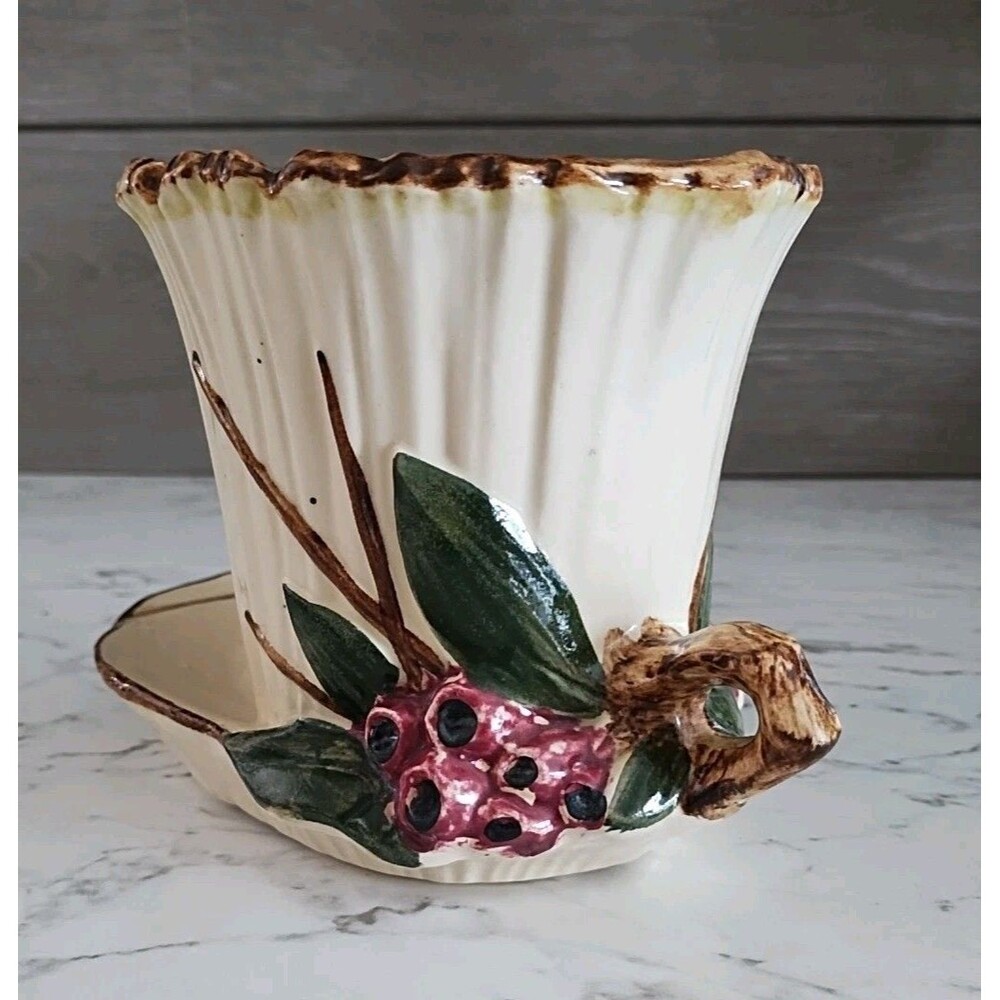 McCoy Pottery Fancy Leaf Berry Planter On Attached Saucer Vintage Art Pottery - Picture 7 of 8